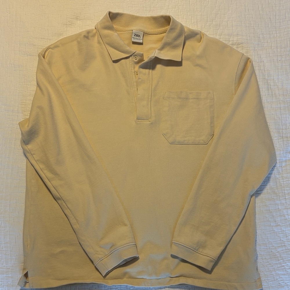 Zara Men's Beige Long Sleeve Polo